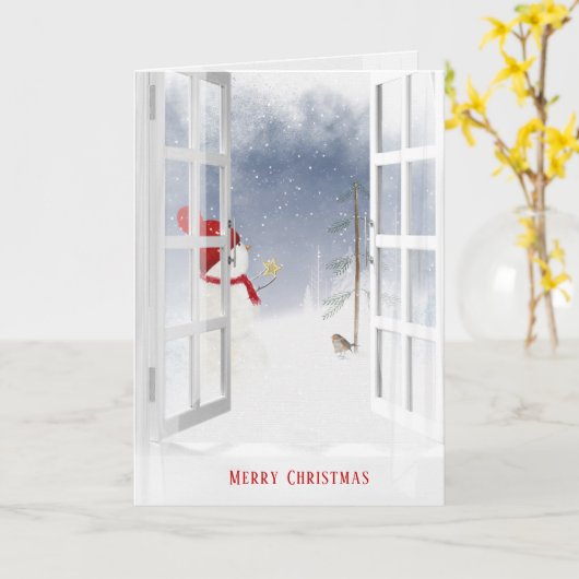 Kerstsneeuwman in het raam kaart (Gele Bloem)
