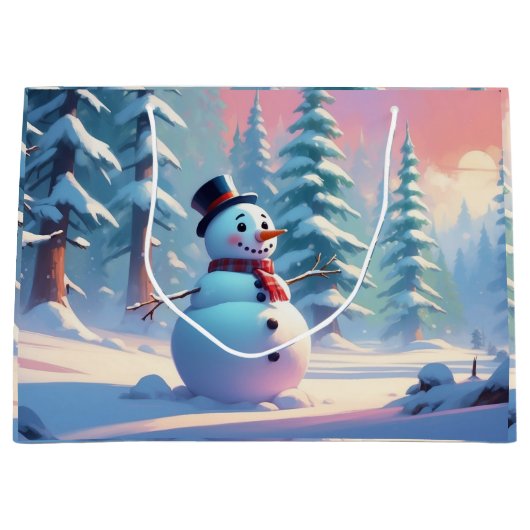 Kerstsneeuwman in het winterbos groot cadeauzakje (Voorkant)