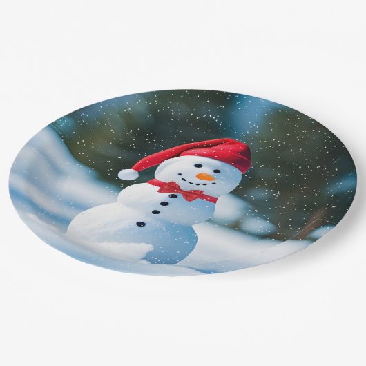 Kerstsneeuwman in sneeuwvlokken papieren bordje (Gekanteld)