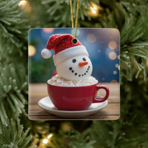 Kerstsneeuwman in warme chocolademelk keramisch ornament
