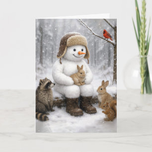 Kerstsneeuwman in winterbossen met dier kaart