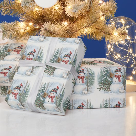 Kerstsneeuwman met bosdieren en vogels cadeaupapier (Feestdagen)
