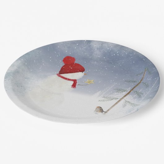 Kerstsneeuwman met gouden ster papieren bordje (Gekanteld)
