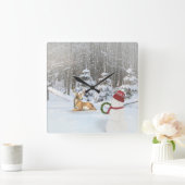 Kerstsneeuwman met herten in de bos vierkante klok (Huis)