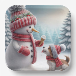 Kerstsneeuwman met hond papieren bordje