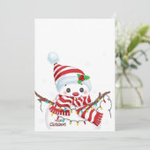 Kerstsneeuwman met multikleurige lichten  feestdagenkaart (Staand voorkant)