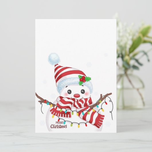 Kerstsneeuwman met multikleurige lichten  feestdagenkaart (Staand voorkant)