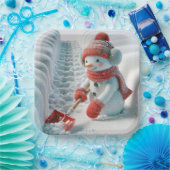 Kerstsneeuwman met rode schop papieren bordje (Feest)