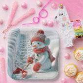 Kerstsneeuwman met rode schop papieren bordje (Feest)