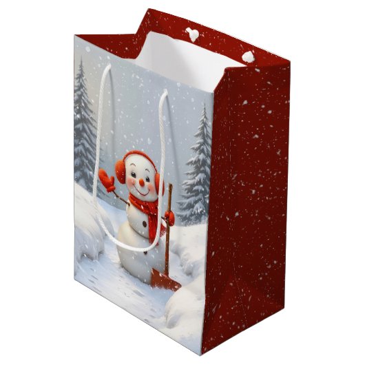 Kerstsneeuwman met rode sneeuwschoffels medium cadeauzakje (Voorkant Gekanteld)