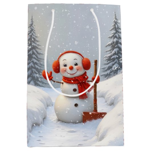 Kerstsneeuwman met rode sneeuwschoffels medium cadeauzakje (Voorkant)