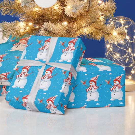 Kerstsneeuwman met vogel op Aqua Cadeaupapier (Feestdagen)