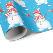 Kerstsneeuwman met vogel op Aqua Cadeaupapier (Rol Hoek)