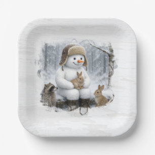 Kerstsneeuwman met vrienden in winterbossen papieren bordje