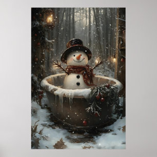 Kerstsneeuwman neemt badkuip afdruk, winter poster