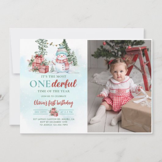 Kerstsneeuwman Oneerful Eerste Verjaardag Foto Kaart (Voorkant)