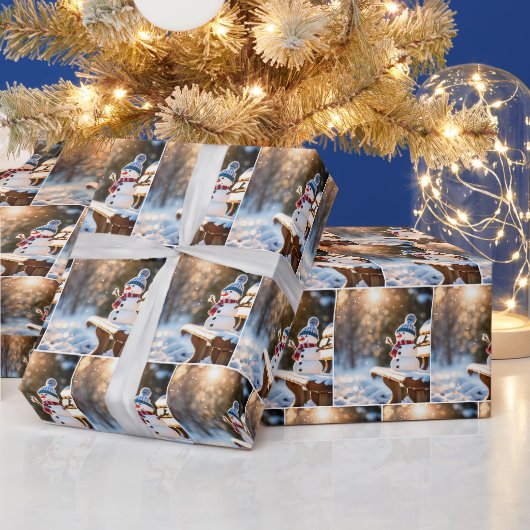 Kerstsneeuwman op een parkbank cadeaupapier (Feestdagen)