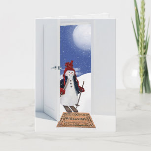 Kerstsneeuwman op ski's  feestdagen kaart