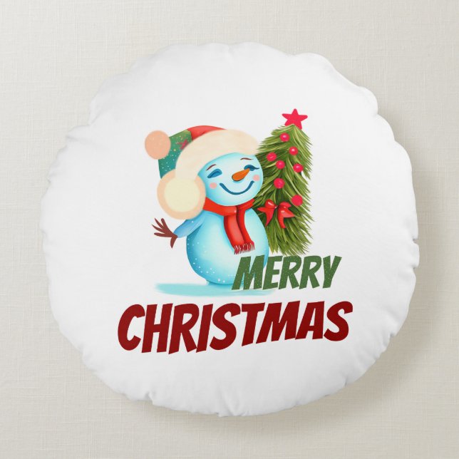 Kerstsneeuwman Rond Kussen (Voorkant)
