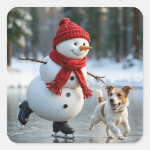 Kerstsneeuwman schaatst met hond vierkante sticker