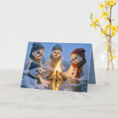 Kerstsneeuwmannen smelten rond een kampvuur kaart (Gele Bloem)