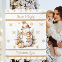 Kerstsneeuwmannendeken voor kinderen met naam goud
