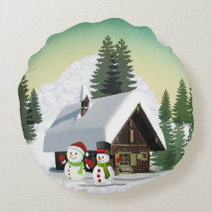 Kerstsneeuwmannenscène Rond Kussen
