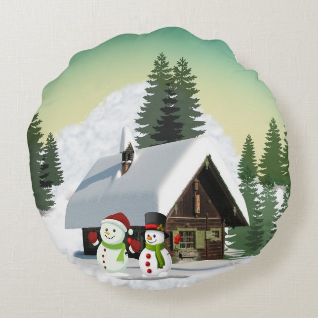 Kerstsneeuwmannenscène Rond Kussen (Achterkant)