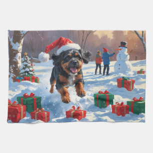 Kerstsneeuwsfeer met Bouvier des Flandres Theedoek
