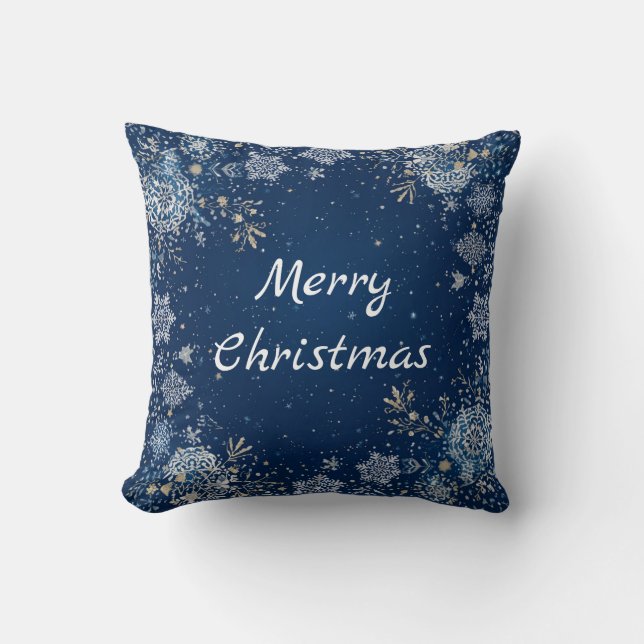 Kerstsneeuwvlok Blauw Wit Goud Kussen (Voorkant)