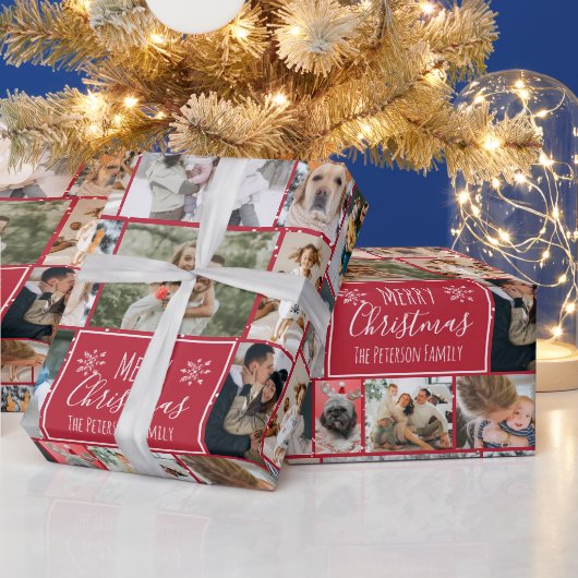Kerstsneeuwvlok rood 10 foto's collage raster cadeaupapier (Feestdagen)