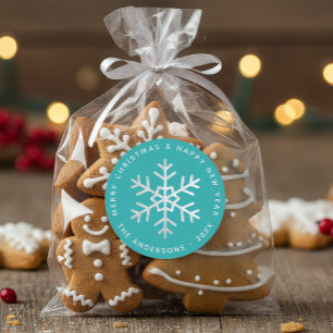 Kerstsneeuwvlok Turkoois Elegant Nep Zilverfolie Ronde Sticker