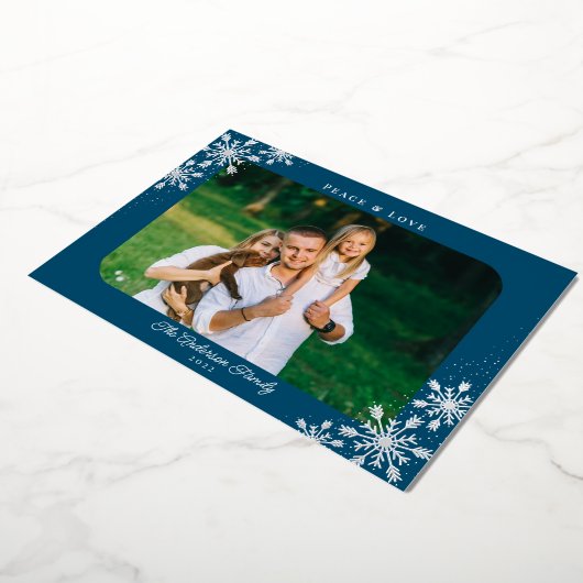 Kerstsneeuwvlokken afgeronde hoek Foto Zilver Folie Feestdagenkaart (Gedraaid)