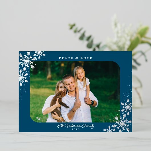 Kerstsneeuwvlokken afgeronde hoek Foto Zilver Folie Feestdagenkaart (Staand Voorkant)