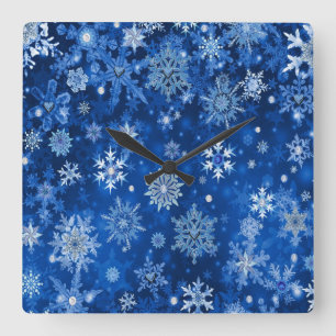 Kerstsneeuwvlokken Blauw en Zilver Vierkante Klok