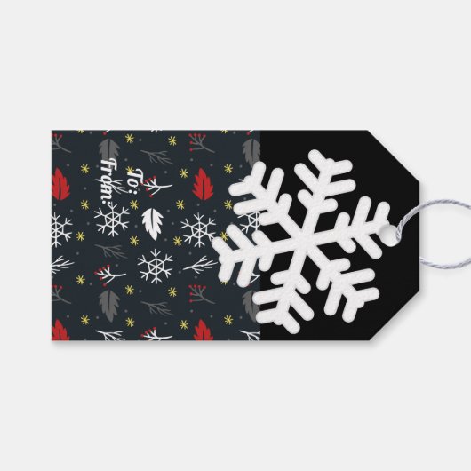 Kerstsneeuwvlokken en -bladeren met zwarte rug cadeaulabel (Voorkant (Horizontaal))