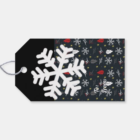 Kerstsneeuwvlokken en -bladeren met zwarte rug cadeaulabel (Achterkant Horizontaal)