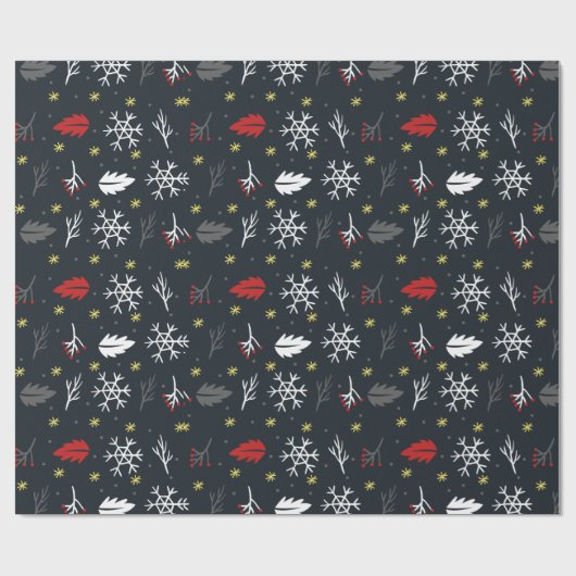 Kerstsneeuwvlokken en -bladeren met zwarte rug cadeaupapier (Vlak)