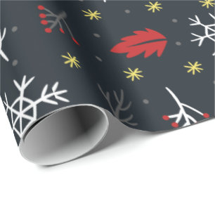 Kerstsneeuwvlokken en -bladeren met zwarte rug  cadeaupapier