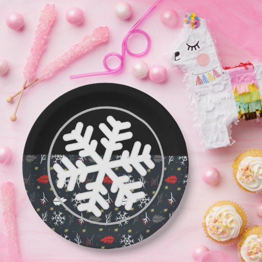Kerstsneeuwvlokken en -bladeren met zwarte rug papieren bordje (Feest)