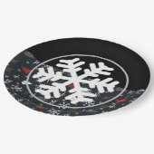 Kerstsneeuwvlokken en -bladeren met zwarte rug papieren bordje (Gekanteld)