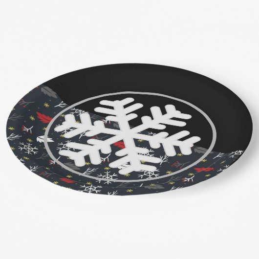 Kerstsneeuwvlokken en -bladeren met zwarte rug papieren bordje (Gekanteld)