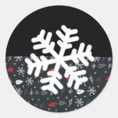 Kerstsneeuwvlokken en -bladeren met zwarte rug ronde sticker (Voorkant)