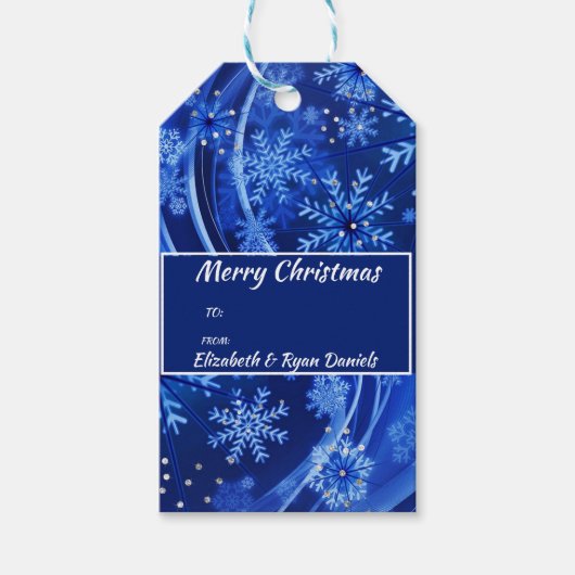 Kerstsneeuwvlokken Fonkel Diamanten Navy Blauwe Cadeaulabel (Voorkant)