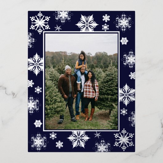 Kerstsneeuwvlokken Foto | Blauw Folie Feestdagen Briefkaart (Voorkant)