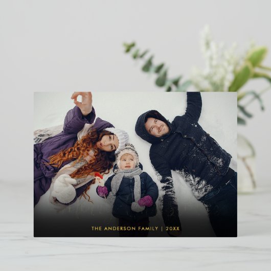 Kerstsneeuwvlokken Foto Script Goud Folie Feestdagenkaart (Staand Voorkant)