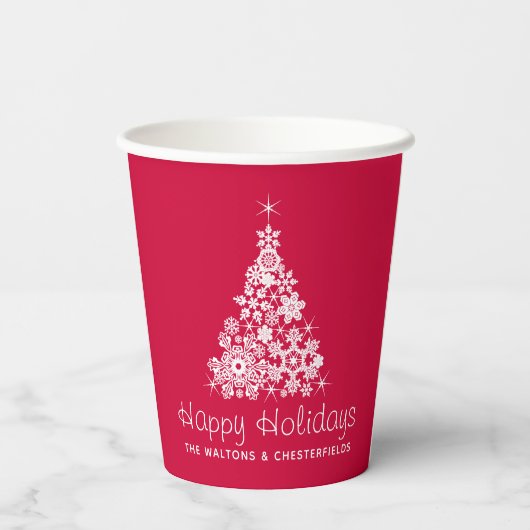 Kerstsneeuwvlokken, grafische boom, rood wit papieren bekers (Achterkant)