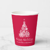 Kerstsneeuwvlokken, grafische boom, rood wit papieren bekers (Voorkant)