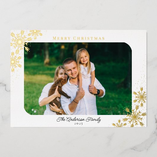 Kerstsneeuwvlokken Horizontale Foto Goud Folie Feestdagenkaart (Voorkant)