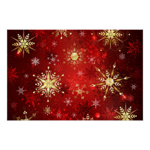 Kerstsneeuwvlokken in goud op een rode achtergrond perfect poster